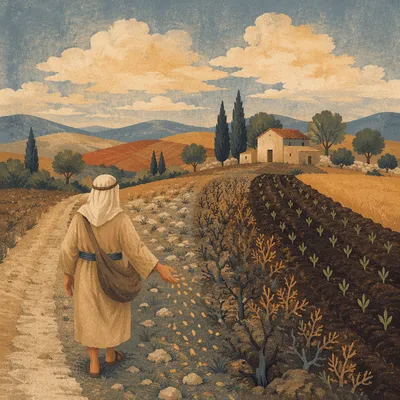 Parable Sower Scattering Seeds Across Soils