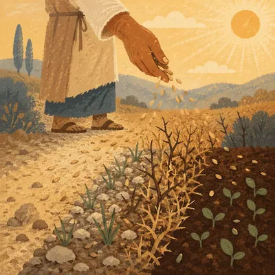 Sower Scattering Seeds on Four Soils