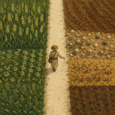Sower Scattering Seeds Across Different Soils