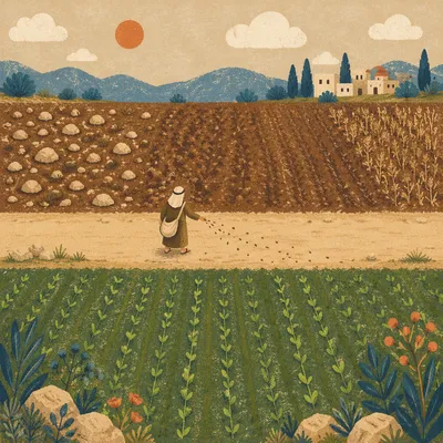 Sower Scattering Seeds Across Contrasting Soils