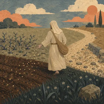 Parable Sower Scattering Seeds Across Soils