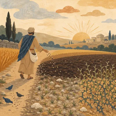 Sower Scattering Seeds on Four Soils