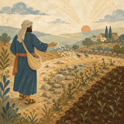 Sower Scattering Seeds Across Four Soils