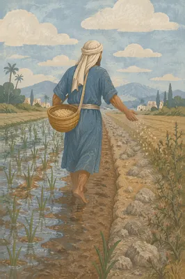 Sower Scattering Seeds Across Four Soils