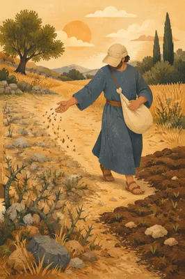 Parable Sower Scattering Seeds in Field
