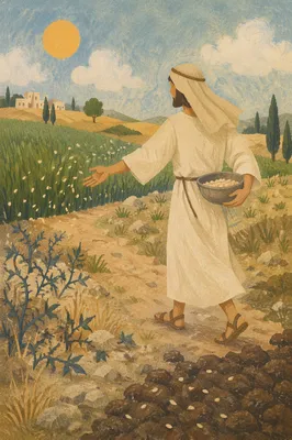 Biblical Sower Scattering Seeds at Sunrise
