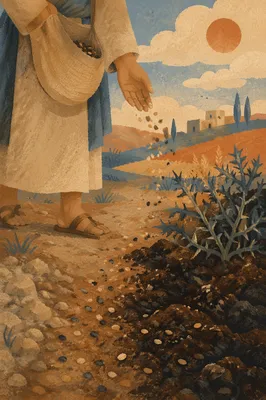 Sower Scattering Seeds Across Four Soils