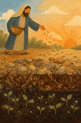 Sower Scattering Seeds Across Four Soils