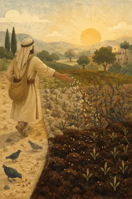 Sower Scattering Seeds Across Four Soils