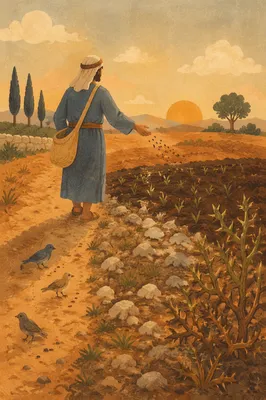 Sower Scattering Seeds on Varied Soil