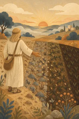 Sower Scattering Seeds on Four Soils