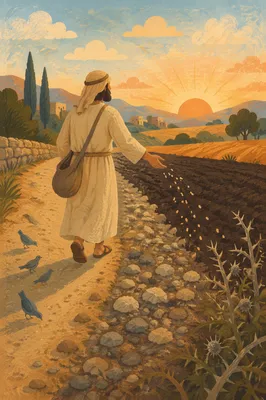 Sower Scattering Seeds on Four Soils