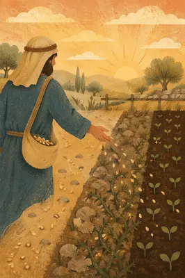 Sower Scattering Seeds Across Four Soils