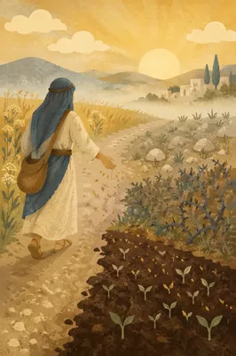 Sower Scattering Seeds Across Four Soils