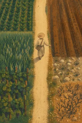 Sower Scattering Seeds Across Different Soils