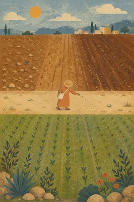 Sower Scattering Seeds Across Contrasting Soils