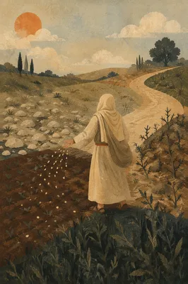 Parable Sower Scattering Seeds Across Soils
