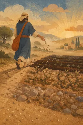 Sower Casting Seeds Across Four Soils