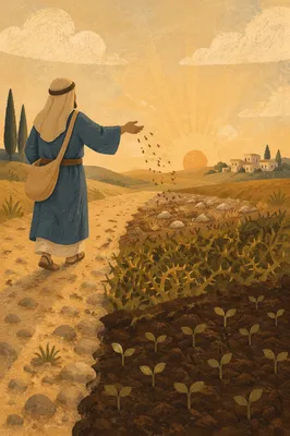 Biblical Sower Scattering Seeds at Sunrise