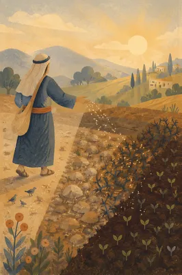 Sower Scattering Seeds Across Four Soils