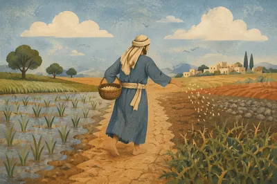 Sower Scattering Seeds Across Four Soils
