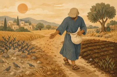 Sower Scattering Seeds Across Four Soils