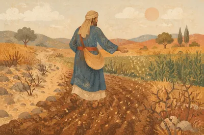 Parable Sower Scattering Seeds Across Soils