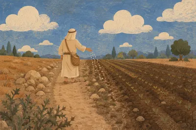 Sower Scattering Seeds Across Four Soils