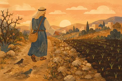 Sower Scattering Seeds Across Different Soils
