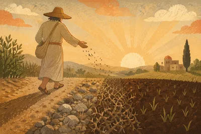 Parable Sower Scattering Seeds at Sunrise