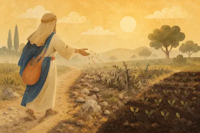 Sower Scattering Seeds Across Four Soils