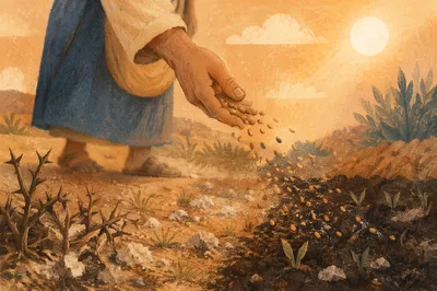 Parable Sower Scattering Seeds on Four Soils