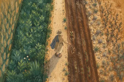 Sower Scattering Seeds Across Divided Farmland