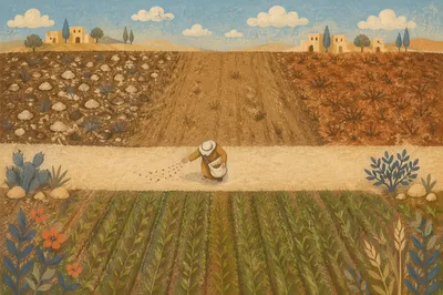Sower Scattering Seeds Across Contrasting Soils