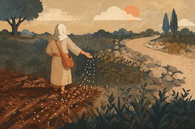 Sower Scattering Seeds Across Four Soils