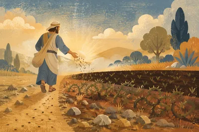Sower Casting Seeds Across Four Soils