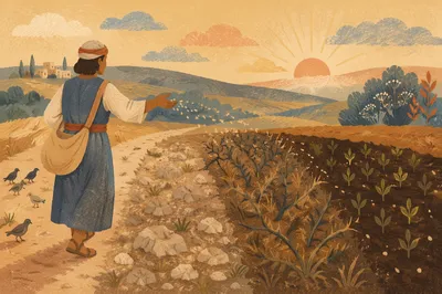 Sower Scattering Seeds Across Four Soils