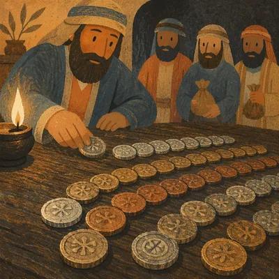 Ancient Talents and Coins on Wooden Table