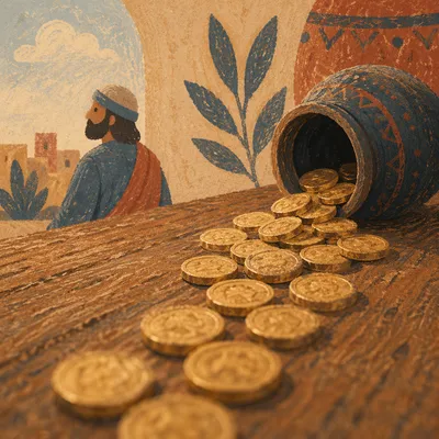 Parable of the Talents Coins on Rustic Table