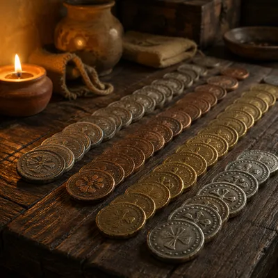 Ancient Talents Coins on Wooden Table
