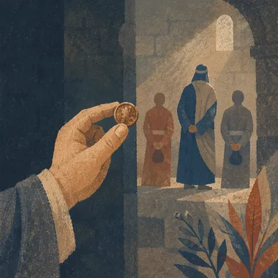 Servant Holding Talent Coin in Courtyard