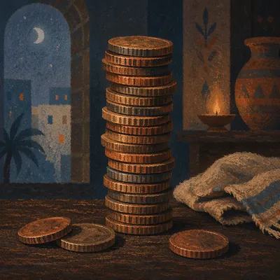 Parable Talents Coins on Wooden Table