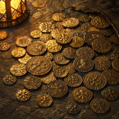 Ancient Talent Coins on Stone Table