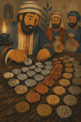 Parable Talents Coins on Ancient Wooden Table
