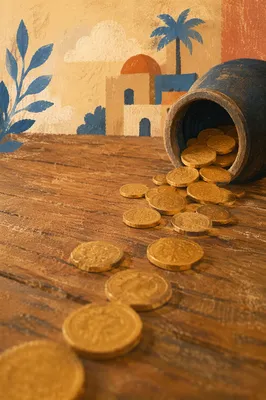 Parable of Talents Coins on Rustic Table