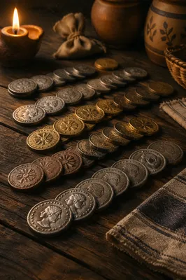 Parable of Talents Coins on Wooden Table
