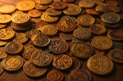Ancient Talents Coins on Wooden Table