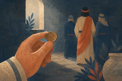 Servant Holding Coin in Parable Scene