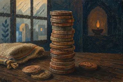 Ancient Talents Coins on Wooden Table