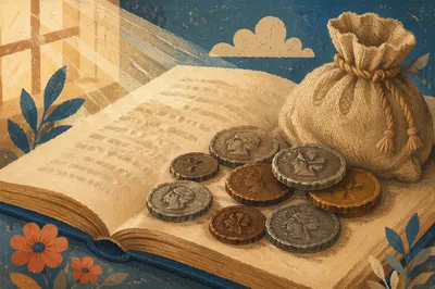 Ancient Coins and Linen Pouch on Book